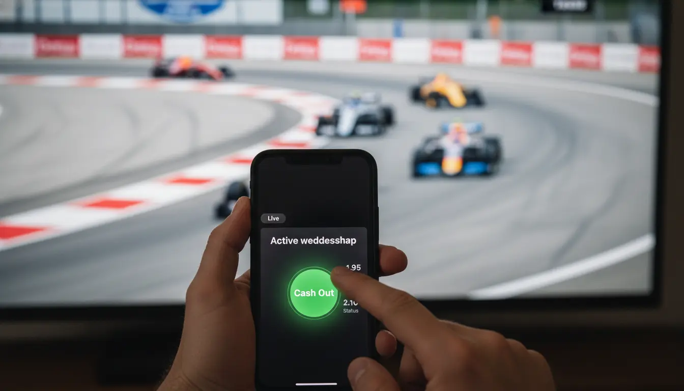 Vinger tikt op een groen 'Cash Out'-knop op een smartphonescherm tijdens een F1-race