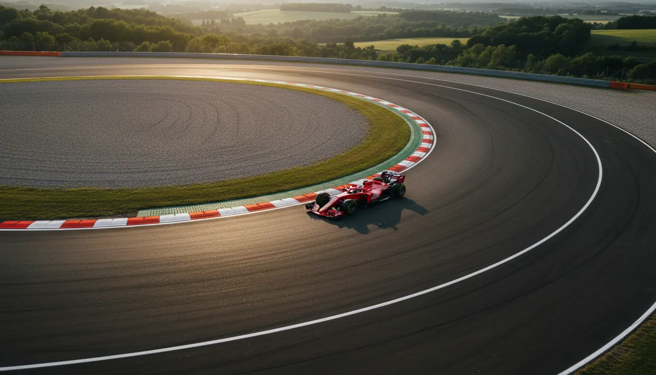 Luchtfoto van een Formule 1-circuit met een auto die door een bochtenreeks rijdt