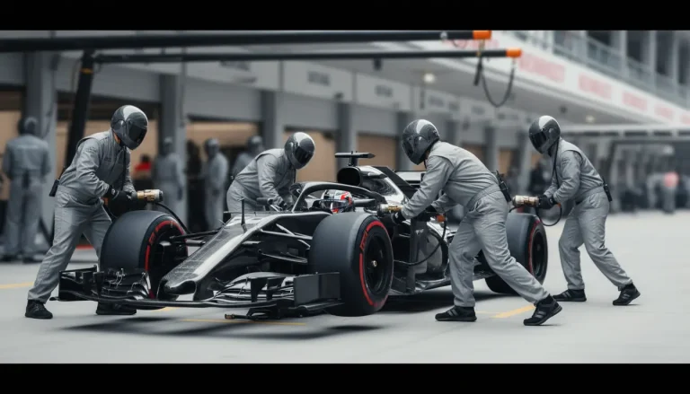Formule 1-pitstop met monteurs die banden wisselen tijdens een race