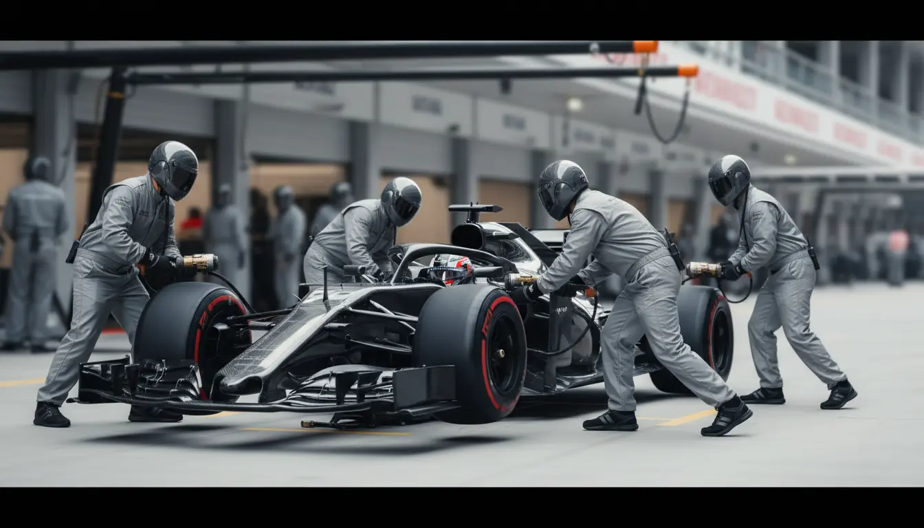 Formule 1-pitstop met monteurs die banden wisselen tijdens een race