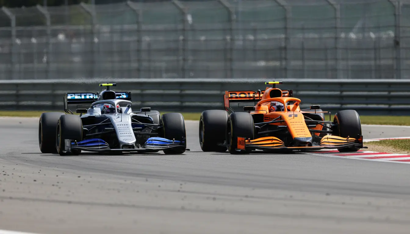 Twee Formule 1-auto's naast elkaar op het rechte stuk tijdens een Grand Prix duel