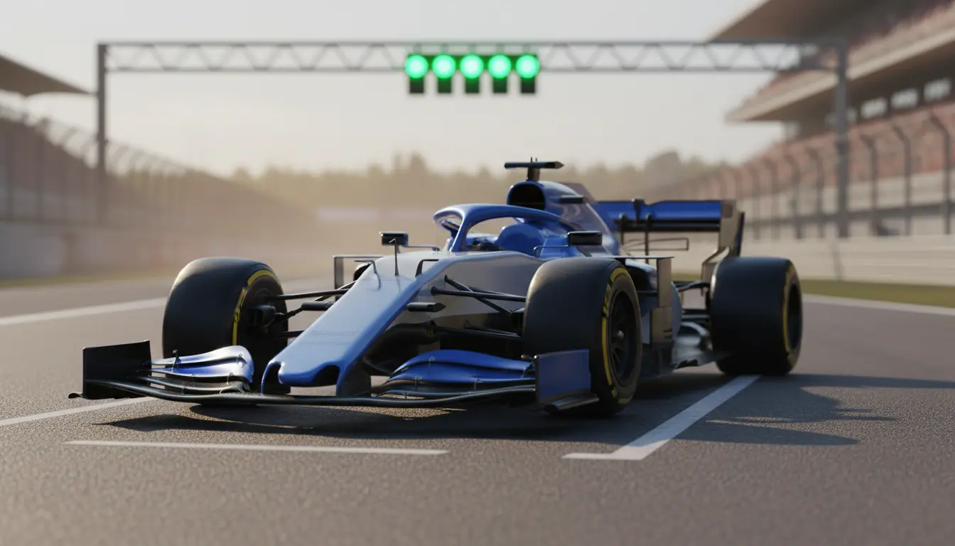 Formule 1-auto op de startgrid met groene lampen op de achtergrond tijdens de kwalificatie