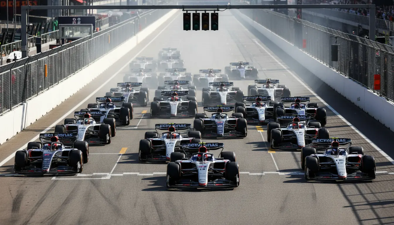 Formule 1-auto's starten dicht op elkaar bij de start van een sprintrace