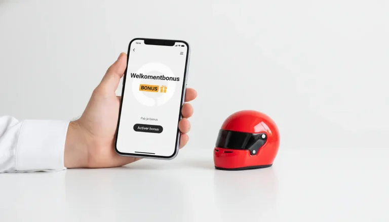 Hand houdt een smartphone vast met een welkomstaanbieding op het scherm en een F1-helm ernaast