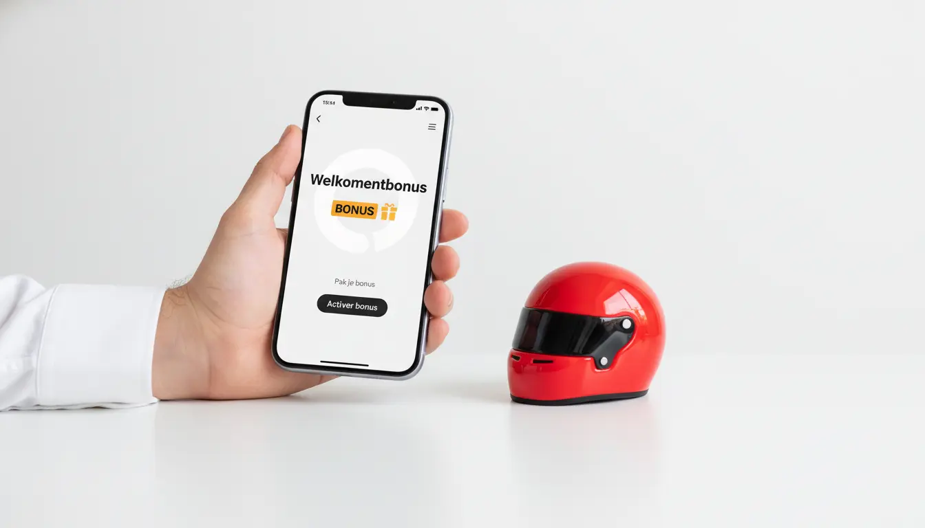 Hand houdt een smartphone vast met een welkomstaanbieding op het scherm en een F1-helm ernaast