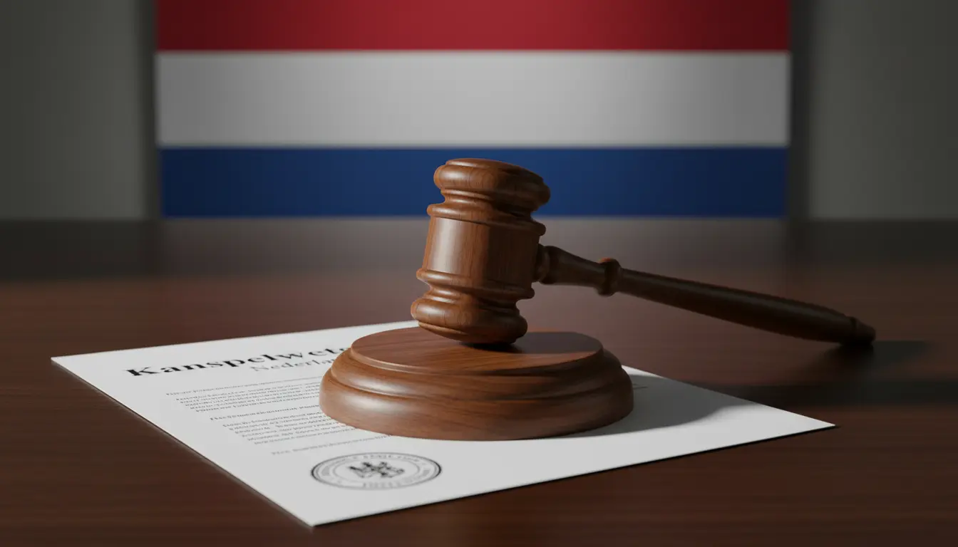 Hamer van een rechter op een houten bureau met de Nederlandse vlag op de achtergrond