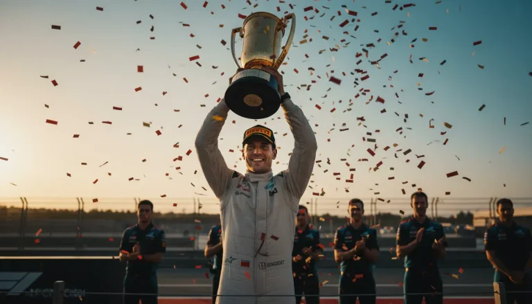 Formule 1-coureur met trofee op het podium na het winnen van het kampioenschap