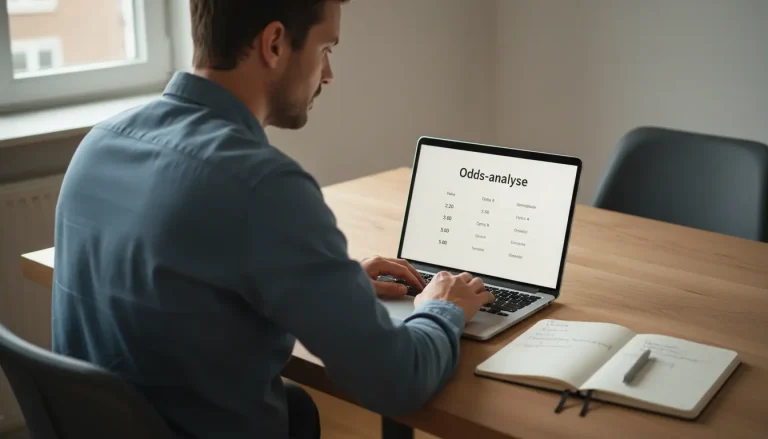 Man bestudeert F1-quoteringen op een laptopscherm met aantekeningen op papier