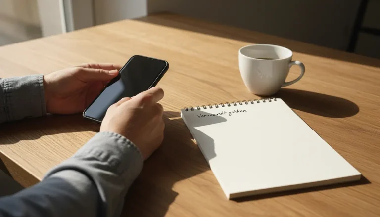 Persoon legt rustig een telefoon opzij naast een kopje koffie en een notitieboekje
