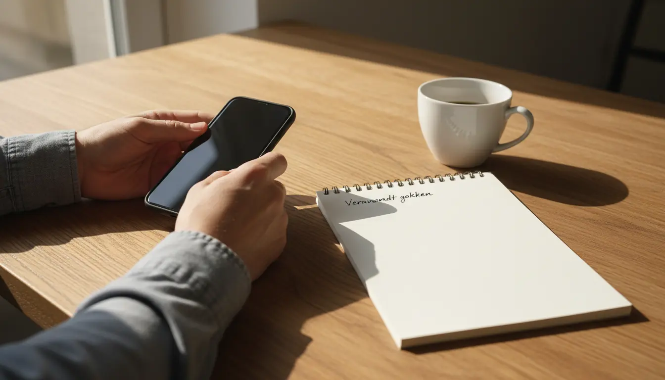 Persoon legt rustig een telefoon opzij naast een kopje koffie en een notitieboekje
