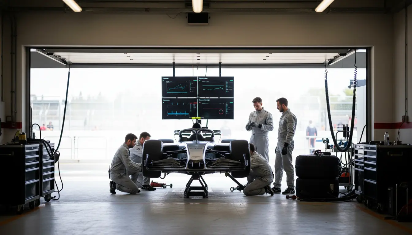 Formule 1-team werkt aan de auto in de pitbox tijdens een Grand Prix weekend