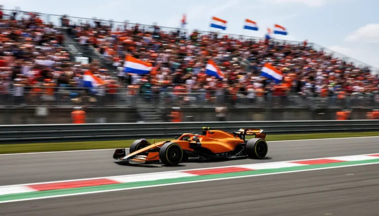 Formule 1-auto in oranje livrei racet over een circuit met Nederlandse vlaggen langs de baan