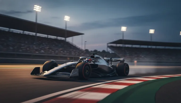 Formule 1-auto rijdt een snelle kwalificatieronde onder schijnwerpers op het circuit