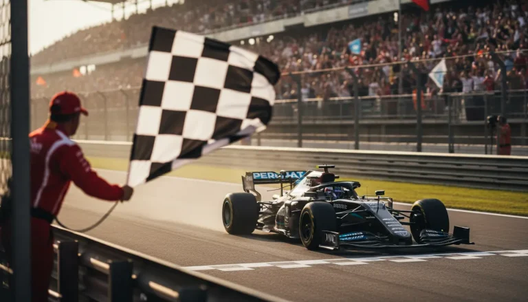 Formule 1-auto passeert de finishlijn als racewinnaar tijdens een Grand Prix
