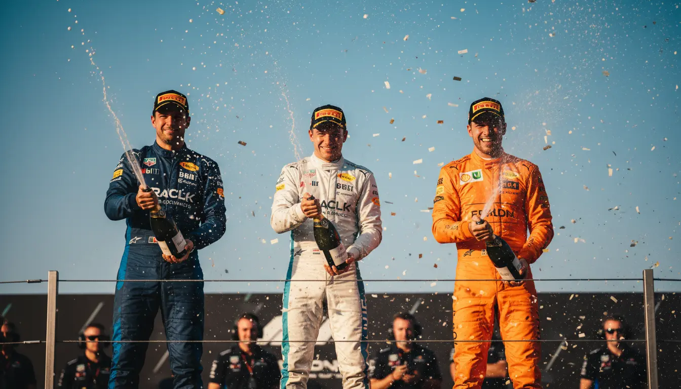 Drie Formule 1-coureurs op het podium met champagne na een Grand Prix