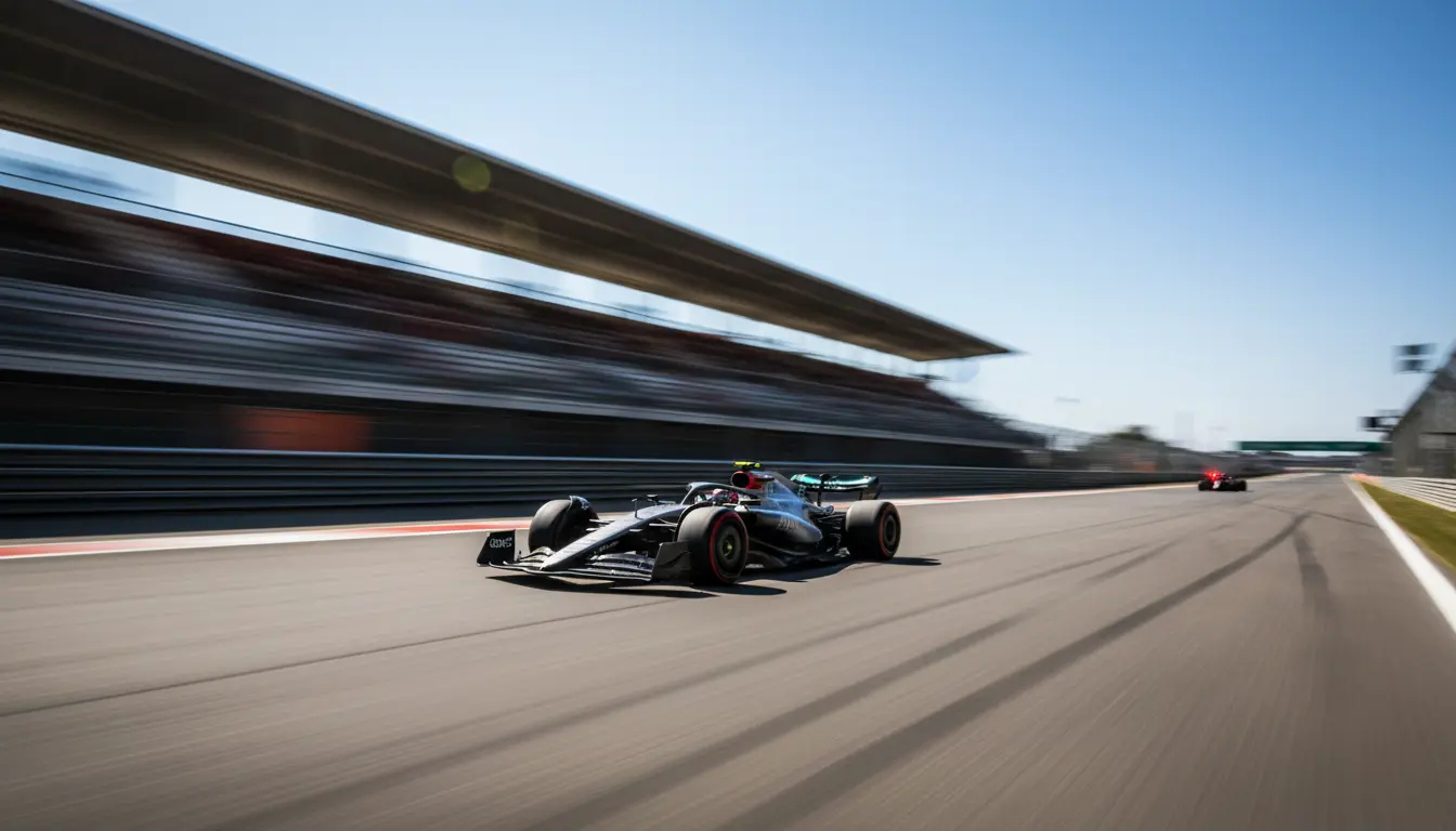 Formule 1-auto op topsnelheid op het rechte stuk met bewegingsonscherpte tijdens de snelste ronde