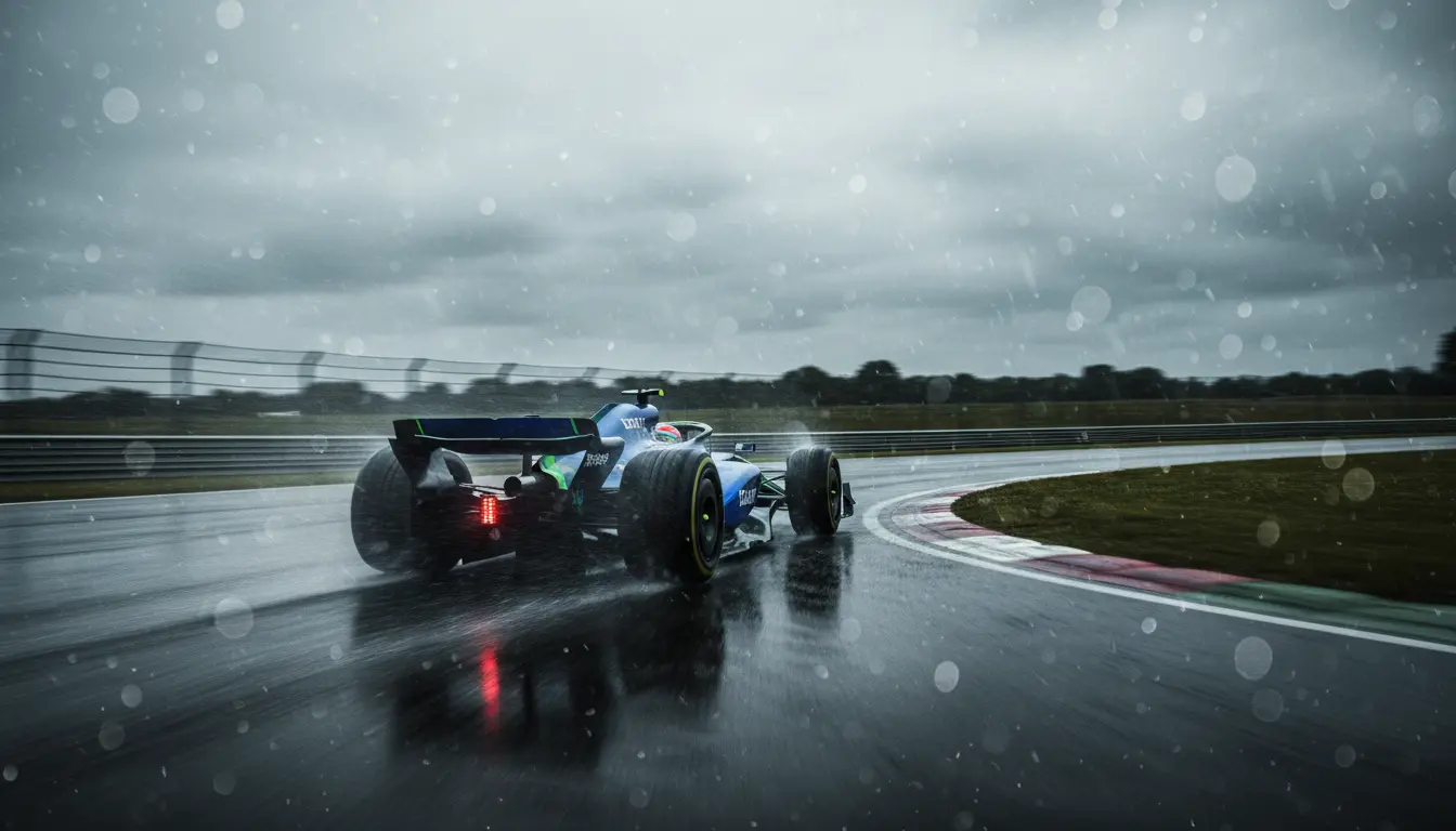 Formule 1-auto rijdt door een regenachtige bocht op een nat circuit met opspattend water